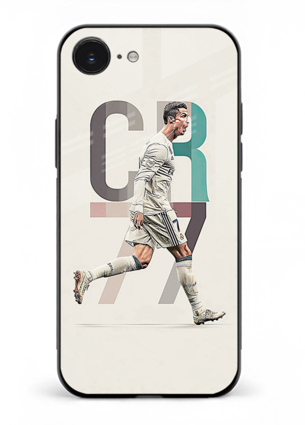 Minimal CR7 football silhouette printed on premium tempered glass iPhone 16E back cover