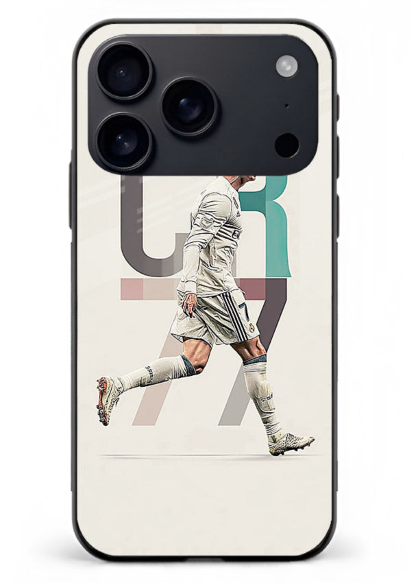 Minimal CR7 football silhouette printed on premium tempered glass iPhone 17 Pro Max back cover