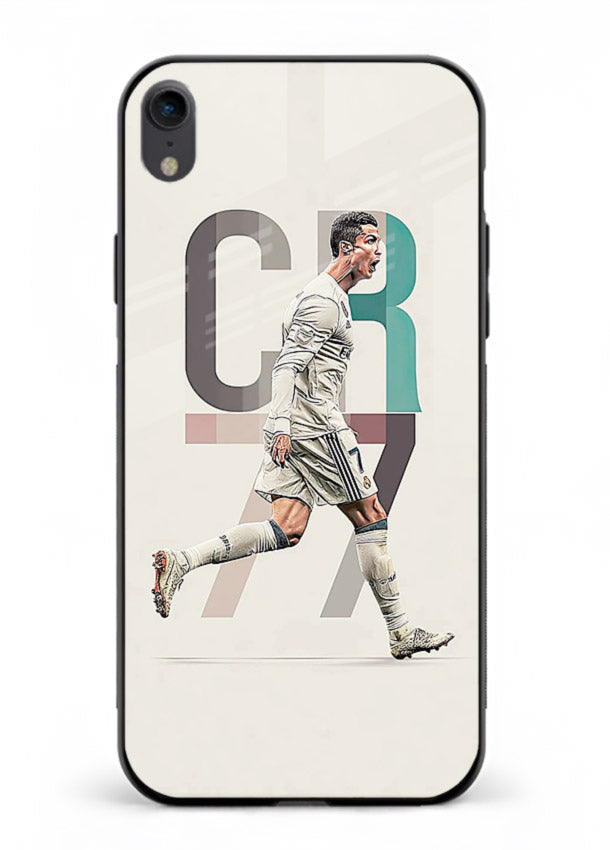 Minimal CR7 football silhouette printed on premium tempered glass iPhone XR back cover