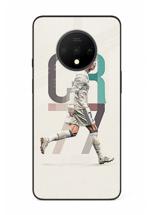 Minimal CR7 football silhouette printed on premium tempered glass OnePlus 7T back cover