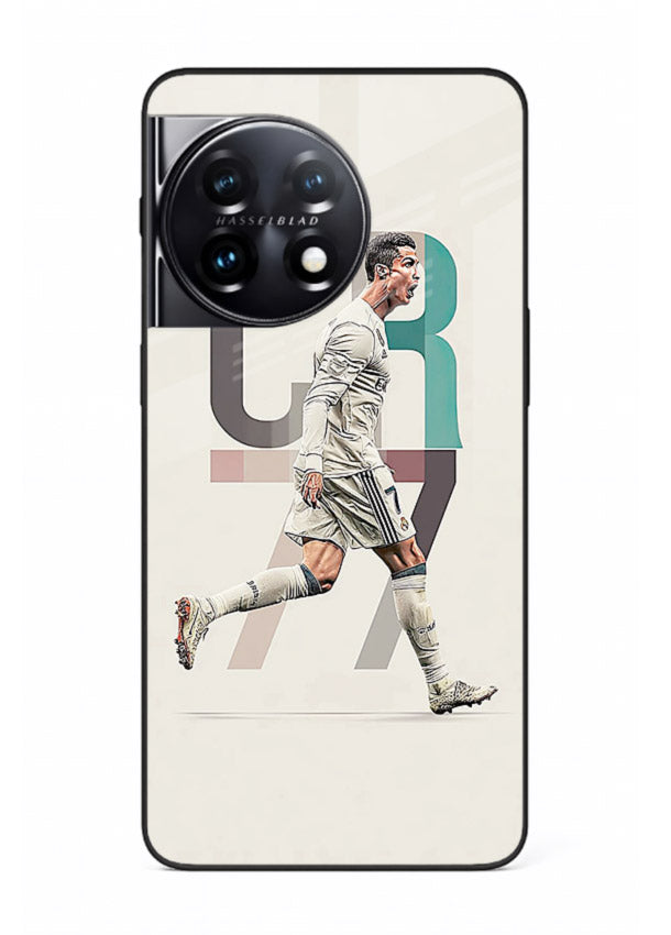 Minimal CR7 football silhouette printed on premium tempered glass OnePlus 11 back cover