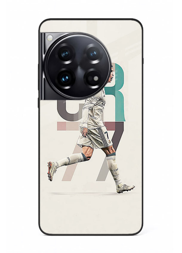 Minimal CR7 football silhouette printed on premium tempered glass OnePlus 12 back cover