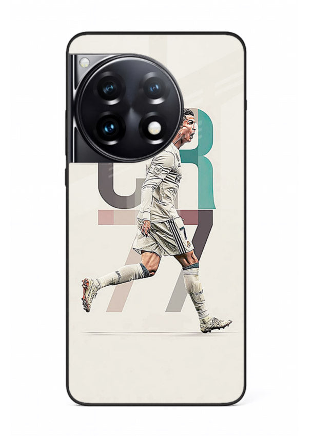 Minimal CR7 football silhouette printed on premium tempered glass OnePlus 12R back cover