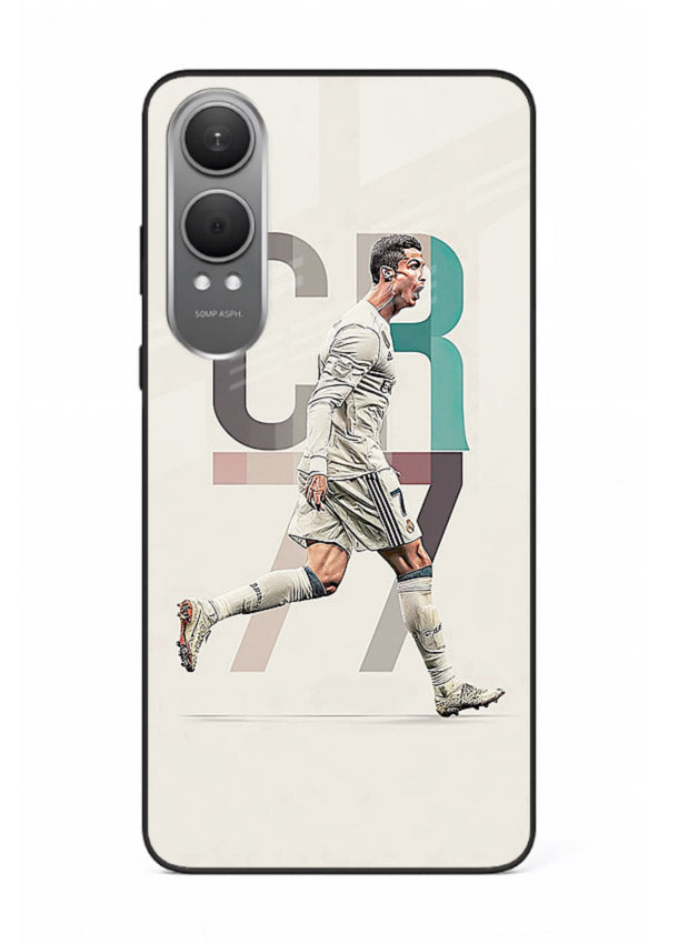 Minimal CR7 football silhouette printed on premium tempered glass OnePlus Nord CE4 Lite back cover