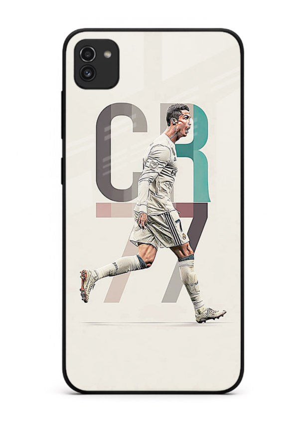 Minimal CR7 football silhouette printed on premium tempered glass Samsung A03 back cover