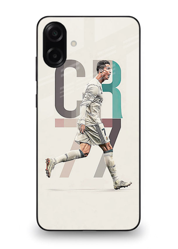 Minimal CR7 football silhouette printed on premium tempered glass Samsung A06 5G back cover
