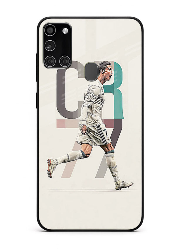 Minimal CR7 football silhouette printed on premium tempered glass Samsung A21s back cover