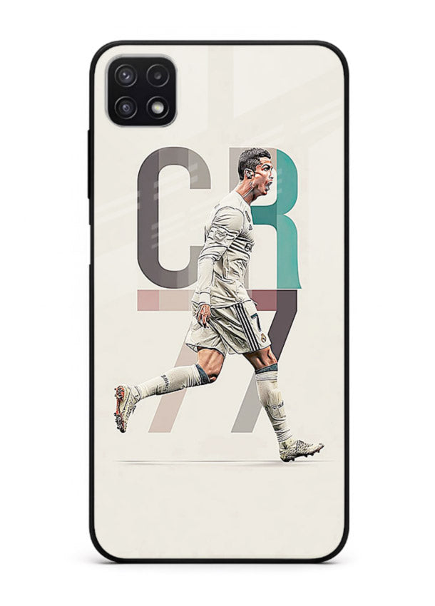 Minimal CR7 football silhouette printed on premium tempered glass Samsung A22 5G back cover