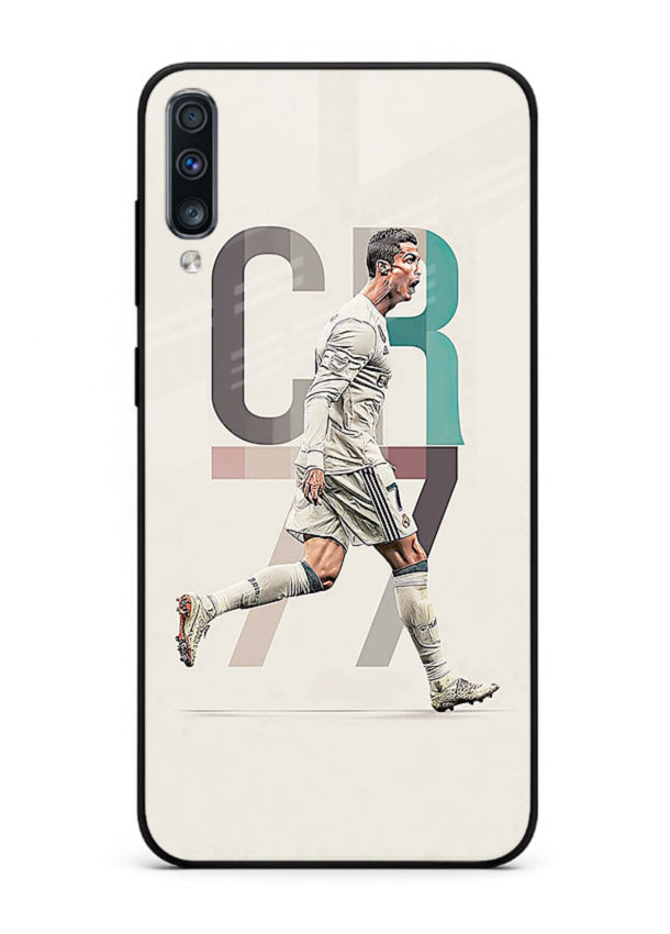 Minimal CR7 football silhouette printed on premium tempered glass Samsung A50 back cover