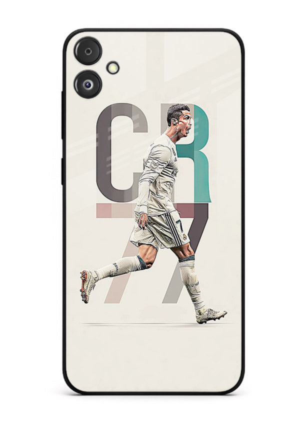 Minimal CR7 football silhouette printed on premium tempered glass Samsung F14 5G back cover