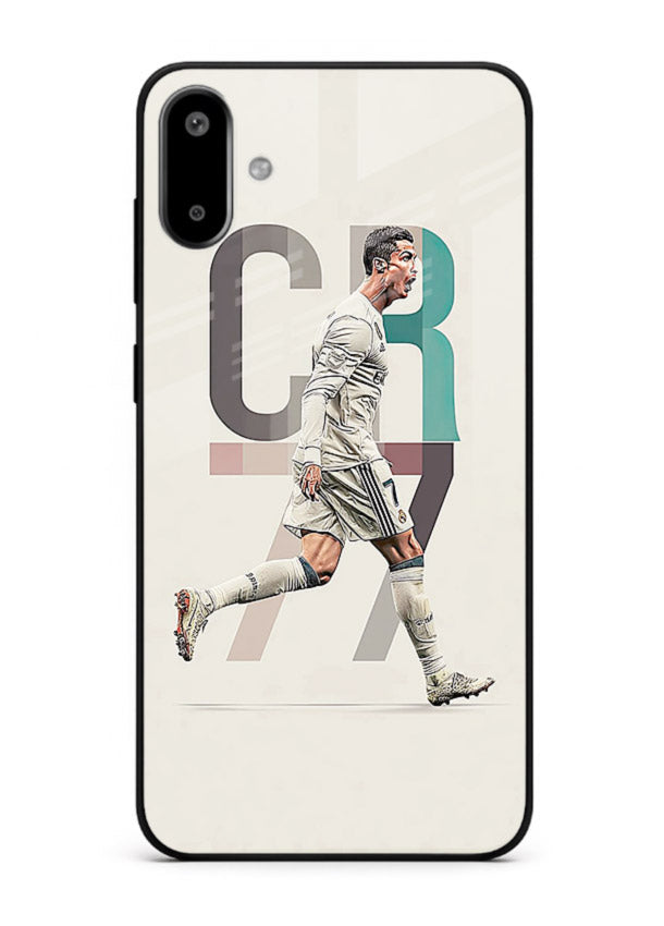 Minimal CR7 football silhouette printed on premium tempered glass Samsung F06 5G back cover