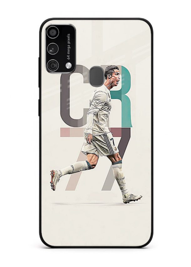Minimal CR7 football silhouette printed on premium tempered glass Samsung F41 back cover