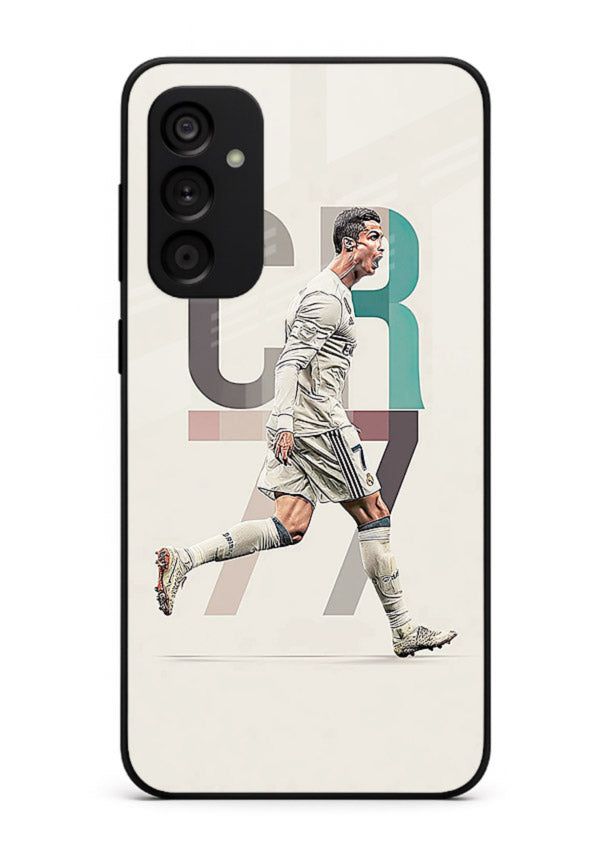 Minimal CR7 football silhouette printed on premium tempered glass Samsung F54 5G back cover