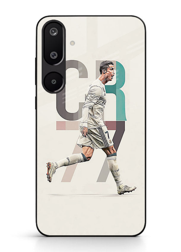 Minimal CR7 football silhouette printed on premium tempered glass Samsung M16 5G back cover
