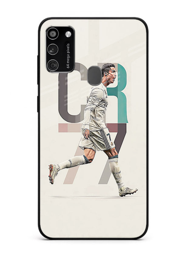 Minimal CR7 football silhouette printed on premium tempered glass Samsung M21 back cover