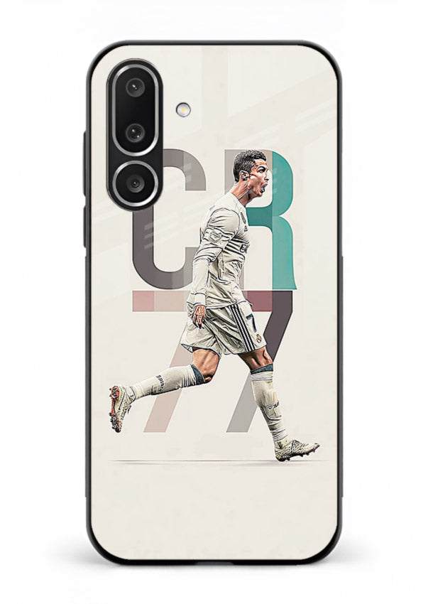 Minimal CR7 football silhouette printed on premium tempered glass Samsung M56 5G back cover