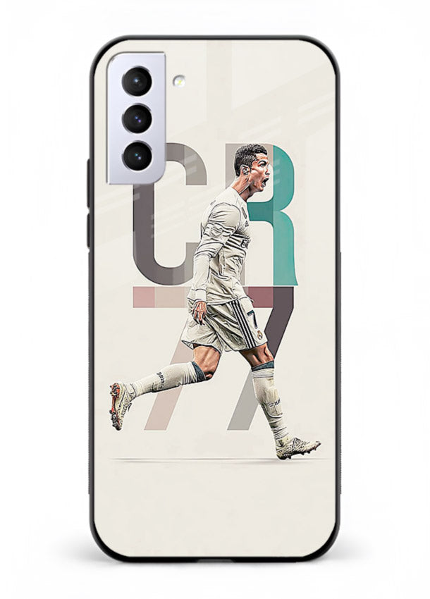 Minimal CR7 football silhouette printed on premium tempered glass Samsung S21 FE back cover