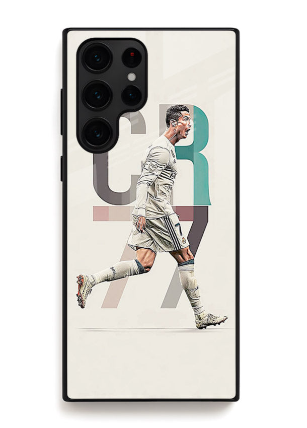 Minimal CR7 football silhouette printed on premium tempered glass Samsung S23 Ultra back cover