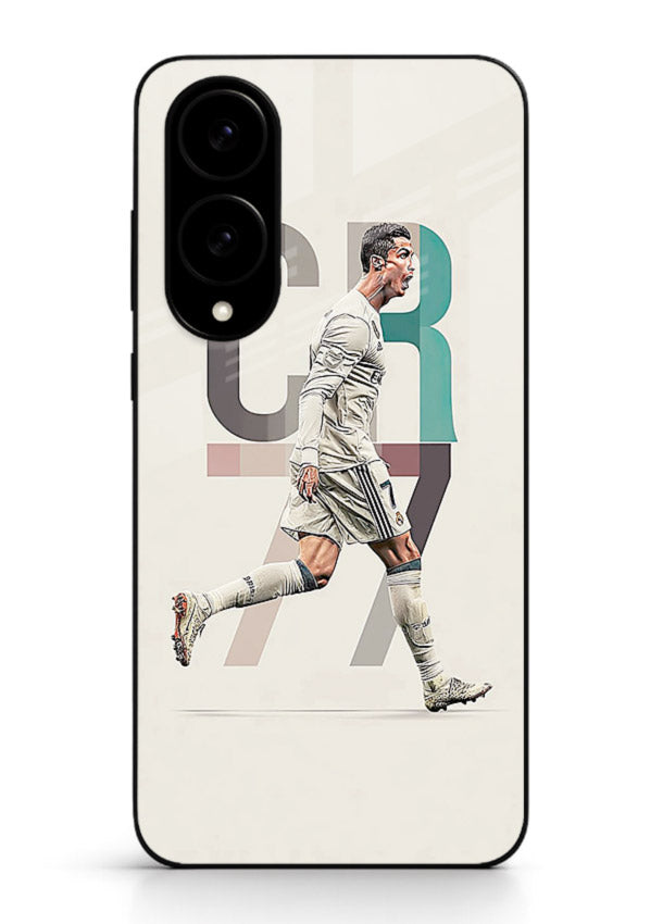 Minimal CR7 football silhouette printed on premium tempered glass Samsung S25 Edge back cover