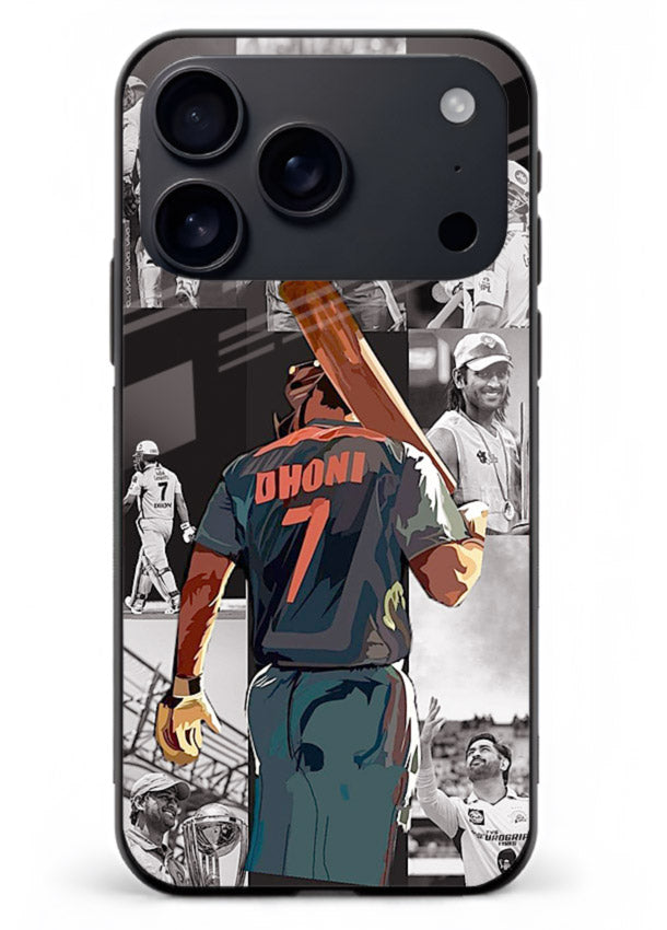 Cricket tribute collage artwork printed on tempered glass iPhone 17 Pro Max back cover