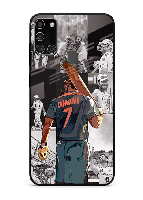 Cricket tribute collage artwork printed on tempered glass Samsung A21s back cover