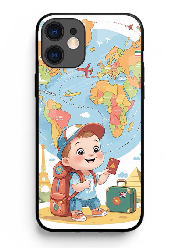 Cartoon Boy Tourist world map artwork iphone 12 mini glass back cover