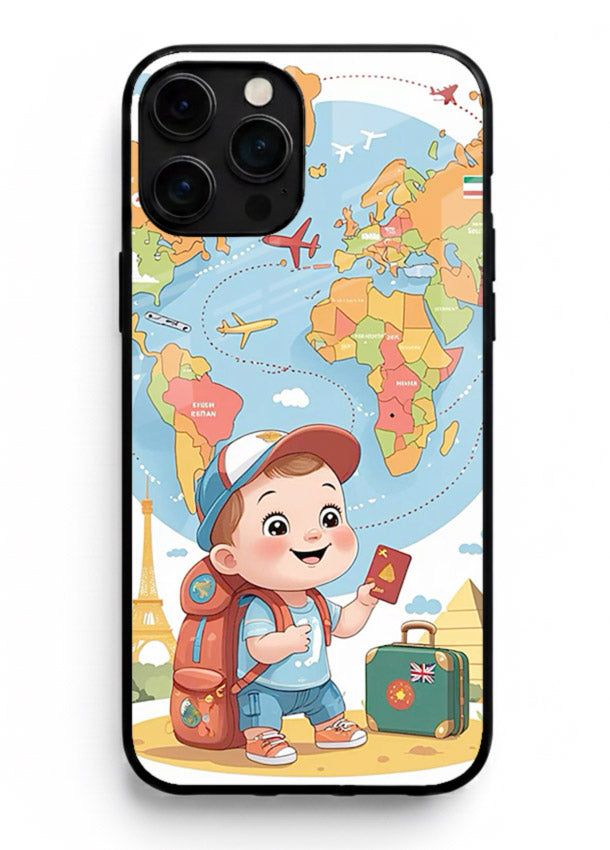 Cartoon Boy Tourist world map artwork iphone 11 pro max glass back cover