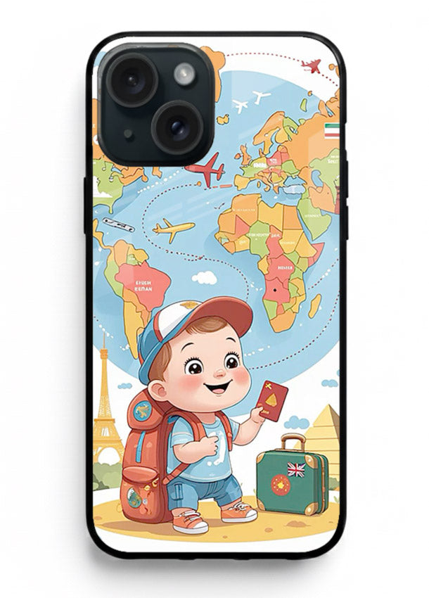 Cartoon Boy Tourist world map artwork iphone 15 glass back cover