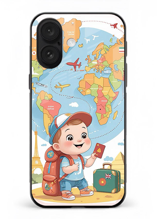 Cartoon Boy Tourist world map artwork iphone 16 plus glass back cover