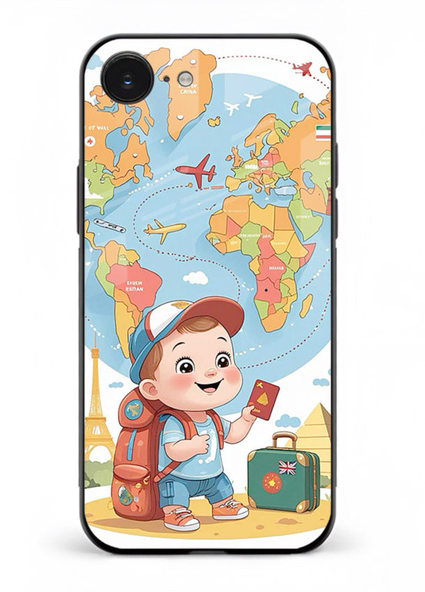 Cartoon Boy Tourist world map artwork iphone 16e glass back cover