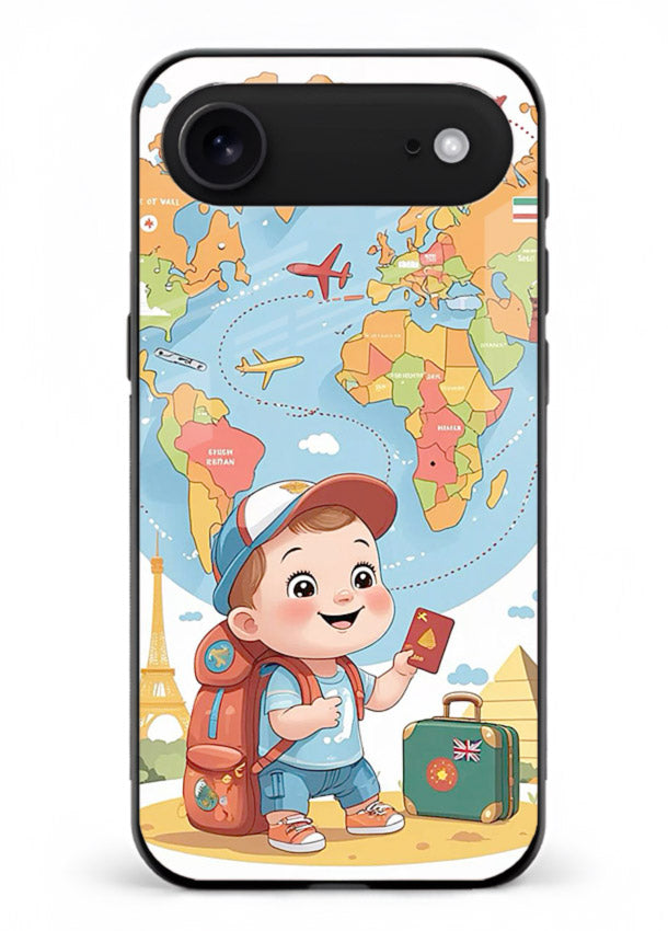Cartoon Boy Tourist world map artwork iphone 18 air glass back cover