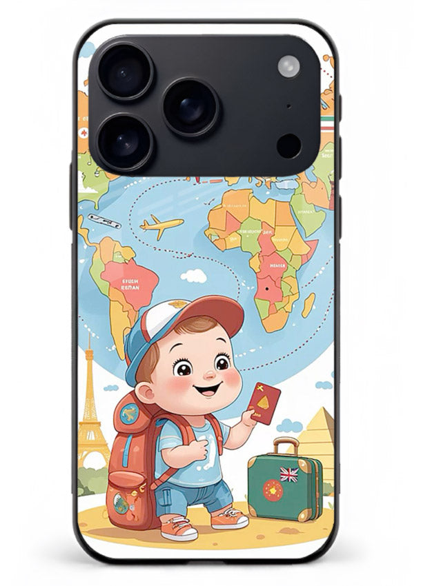 Cartoon Boy Tourist world map artwork iphone 18 pro max glass back cover