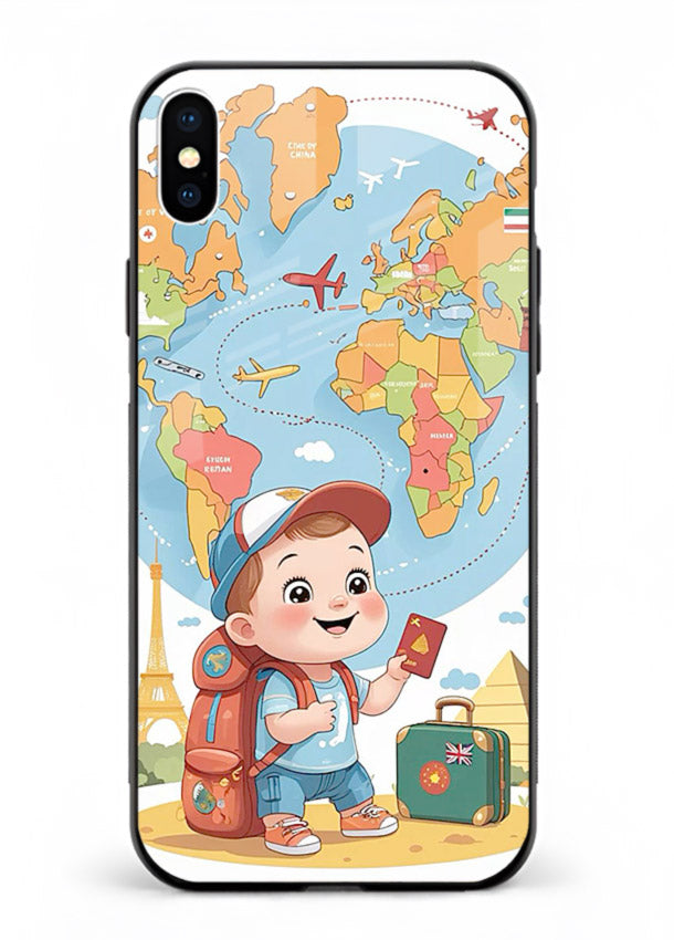 Cartoon Boy Tourist world map artwork iphone xs max glass back cover