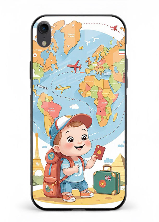 Cartoon Boy Tourist world map artwork iphone xr glass back cover