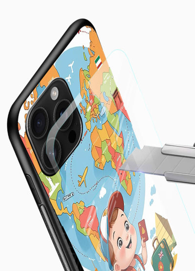 Cartoon Boy Tourist world map artwork glossy vibrant premium glass back cover - Angle Blade