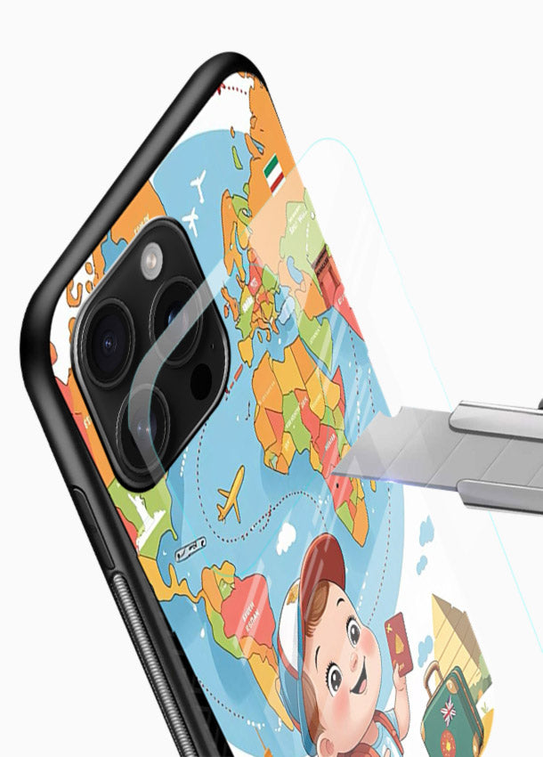 Cartoon Boy Tourist world map artwork glossy vibrant premium glass back cover - Angle Blade