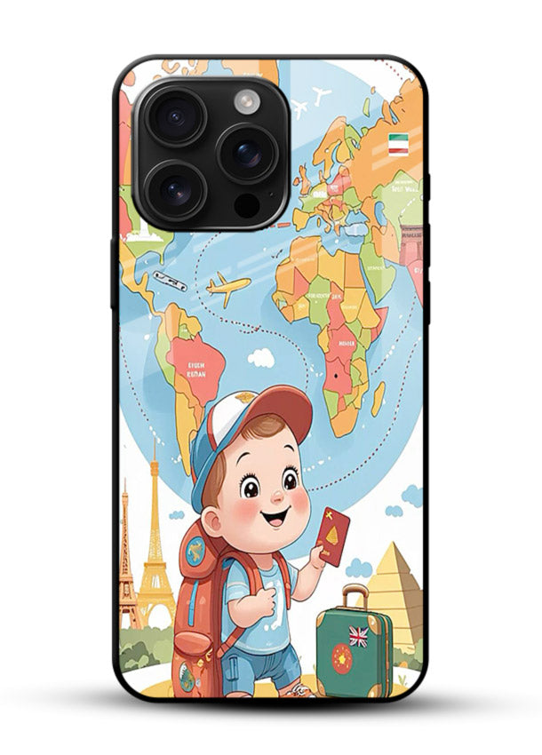 Cartoon Boy Tourist world map artwork glossy vibrant premium glass back cover - Angle Front