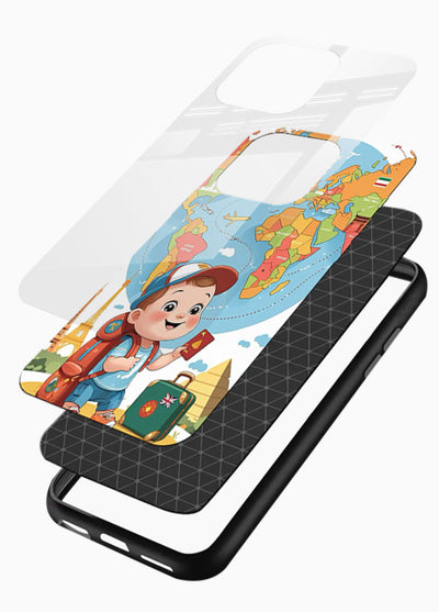 Cartoon Boy Tourist world map artwork glossy vibrant premium glass back cover - Angle Layers