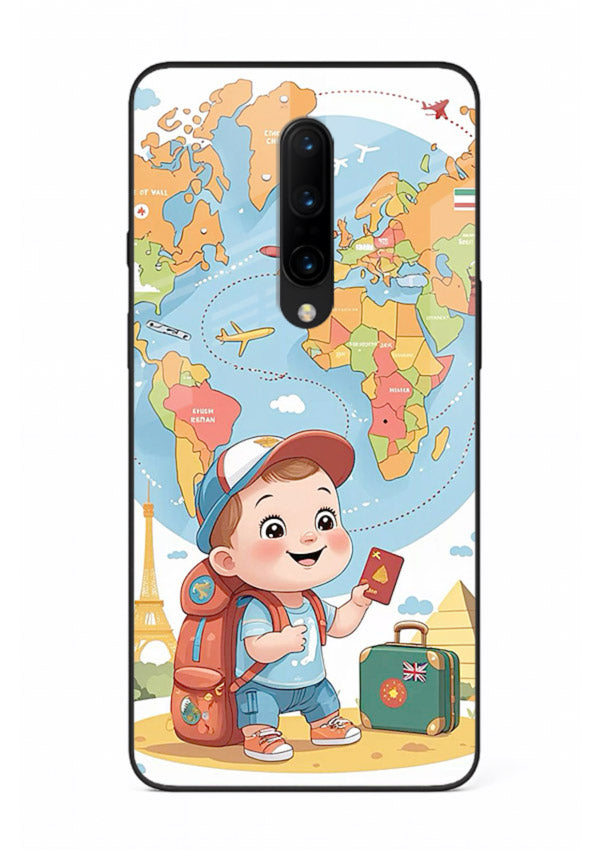 Cartoon Boy Tourist world map artwork OnePlus 7T Pro glass back cover