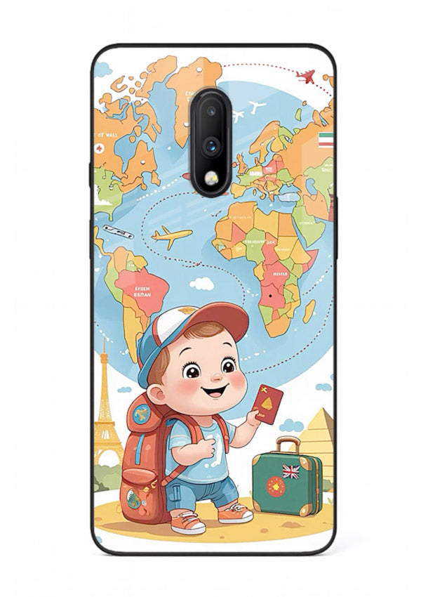 Cartoon Boy Tourist world map artwork OnePlus 7 glass back cover