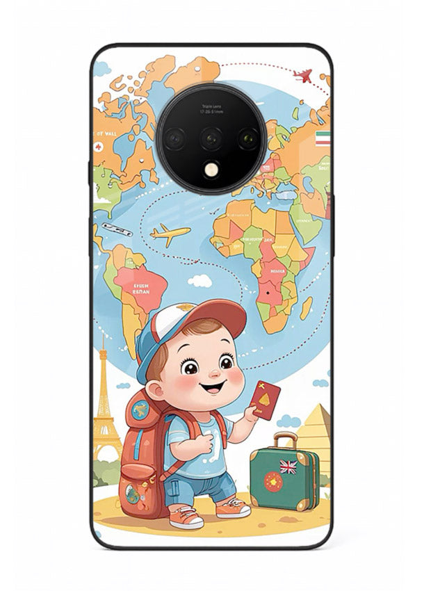 Cartoon Boy Tourist world map artwork OnePlus 7T glass back cover