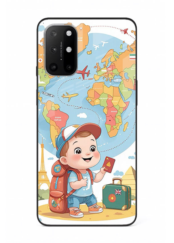 Cartoon Boy Tourist world map artwork OnePlus 8T glass back cover