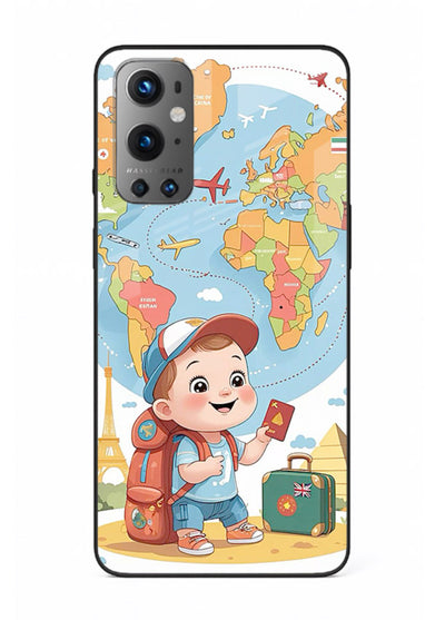 Cartoon Boy Tourist world map artwork OnePlus 9 glass back cover