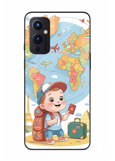 Cartoon Boy Tourist world map artwork OnePlus 9 Pro glass back cover