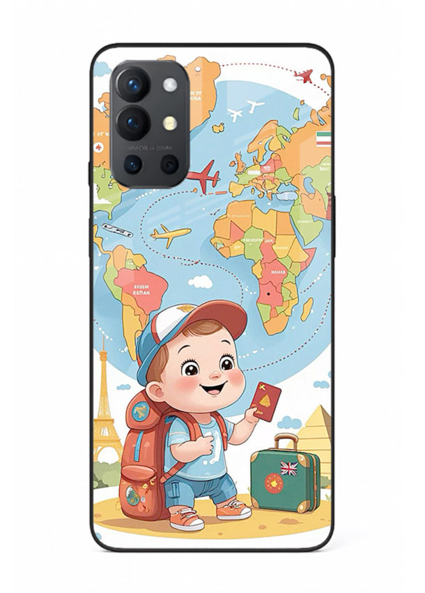Cartoon Boy Tourist world map artwork OnePlus 9R glass back cover