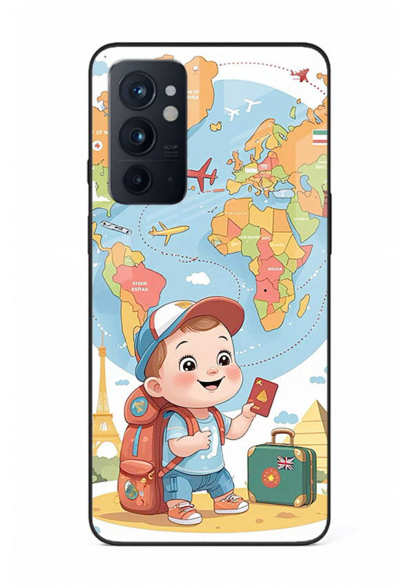 Cartoon Boy Tourist world map artwork OnePlus 9RT glass back cover