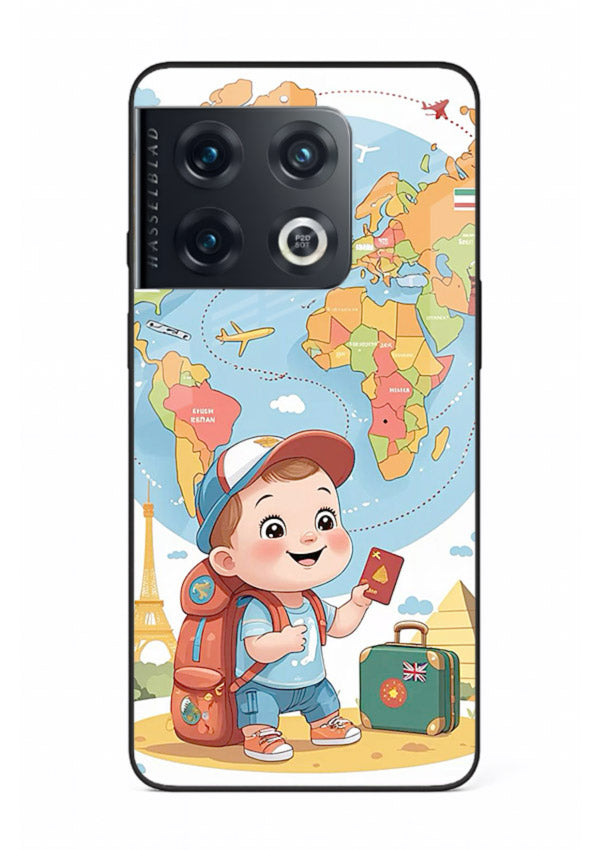 Cartoon Boy Tourist world map artwork OnePlus 10 Pro glass back cover