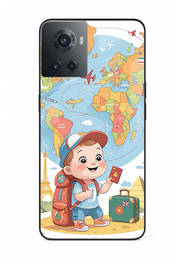 Cartoon Boy Tourist world map artwork OnePlus 10R glass back cover