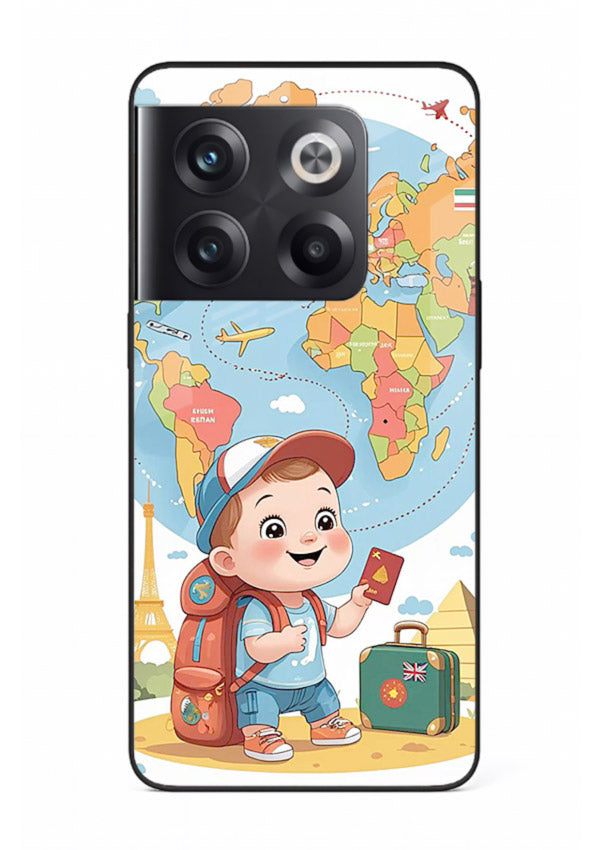 Cartoon Boy Tourist world map artwork OnePlus 10T glass back cover
