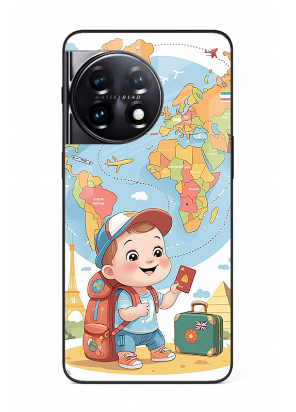 Cartoon Boy Tourist world map artwork OnePlus 11 glass back cover